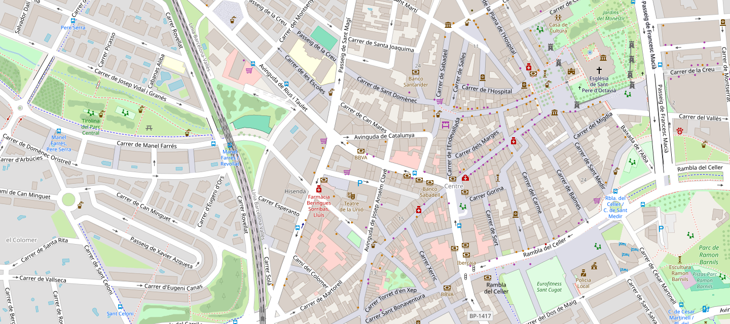 Mapa del centro de Sant Cugat del Vallès con la ubicación de la consulta, en la avenida de Rius i Taulet